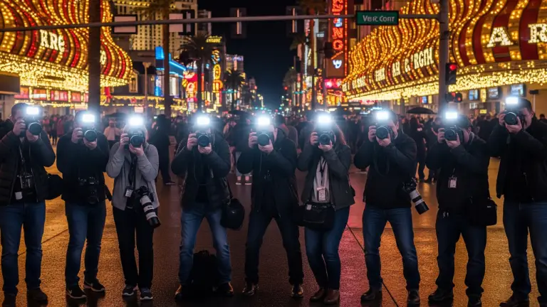 photographers lined up outside a busy las vegas street to take pictures of celebrities
